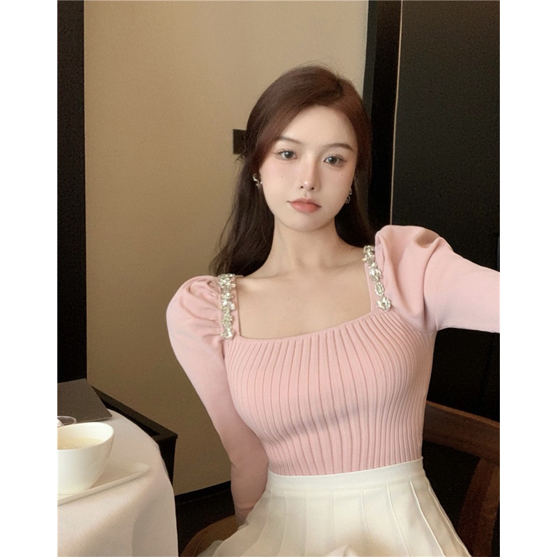 Jane Áo croptop tay phồng len tăm đính đá lấp lánh tiểu thư