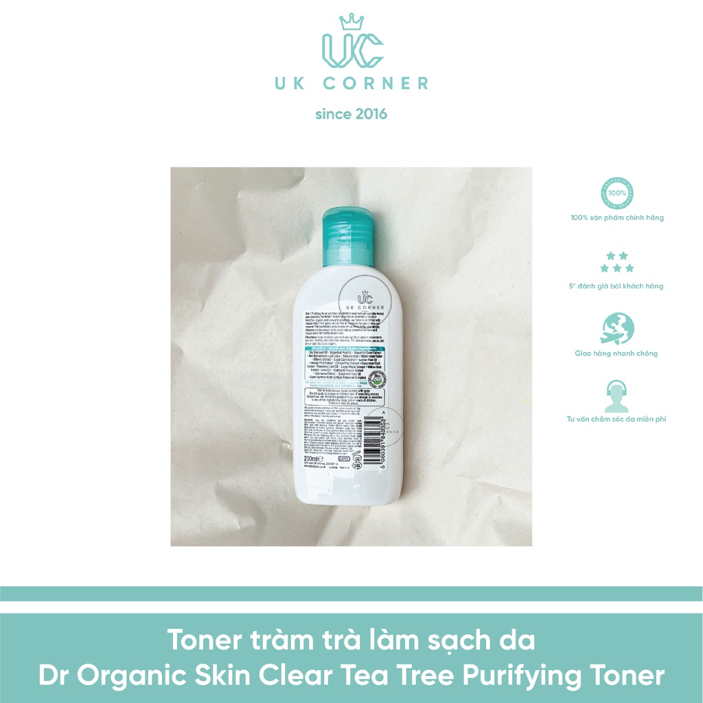 Toner tràm trà làm sạch da Dr Organic Skin Clear Tea Tree Purifying Toner