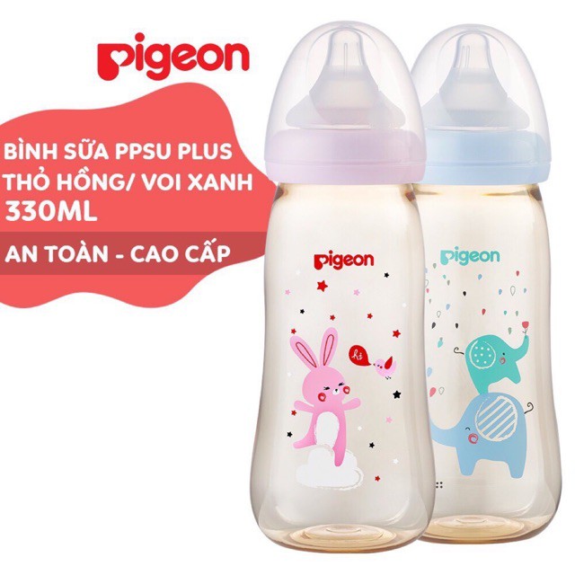 Bình sữa nhựa PPSU cổ rộng Pigeon 330ml voi xanh / thỏ hồng