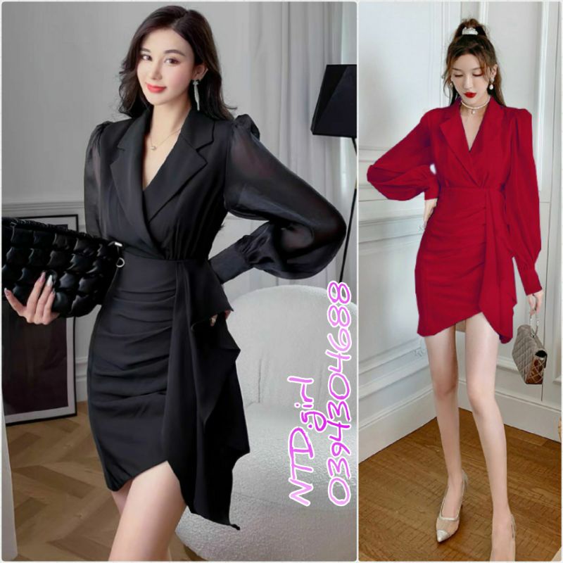Hàng nhập - Đầm dáng ôm cổ vest tay voan phồng, váy body tà xếp chéo cho công sở hay dự tiệc đều xinh