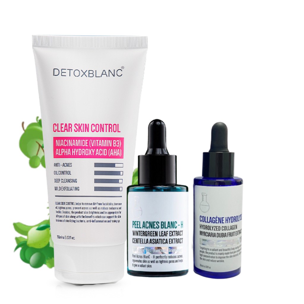 Combo loại bỏ mụn dưỡng trắng da Detox Blanc(serum H+serum collagen+sữa rửa mặt)