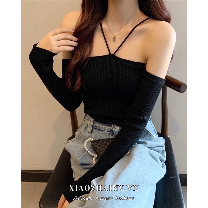 Áo tay dài form croptop phối hai dây thiết kế