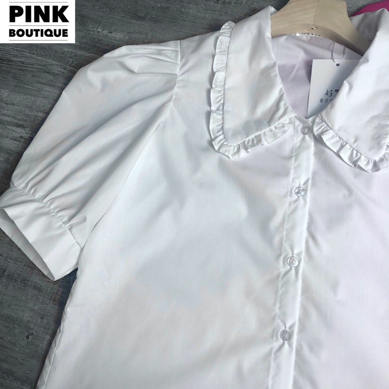 Áo Sơ Mi Trắng Nữ Đẹp Áo Kiểu Form Rộng Tay Ngắn Phồng Cổ Đức BèoThiết Kế PINK BOUTIQUE