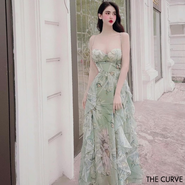 Đầm Dự Tiệc 2 Dây Chíp Eo Nơ Lưng Đuôi Bèo Xòe - 2 Màu Nude, Xanh - Vải Voan