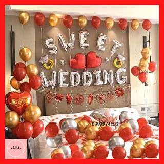 TRANG TRÍ PHÒNG CƯỚI - TẶNG 100 CÁNH HOA HỒNG ❤️BốngBalloon❤️ Set bóng bay trang trí phòng cưới đám cưới màu đỏ vàng c55