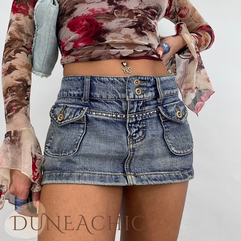 DUNEA Chân váy jean Phối Túi Đính Đá Phong Cách Retro Cho Nữ