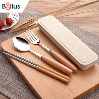Bộ thìa đũa dĩa cán gỗ lúa mạch kèm hộp đựng - Baellus GD011