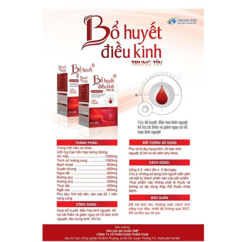 Bổ Huyết Điều Kinh Trung Tín (lọ 30viên) - Giúp bổ huyết, điều hòa và rối loạn kinh nguyệt, đau bụng kinh.
