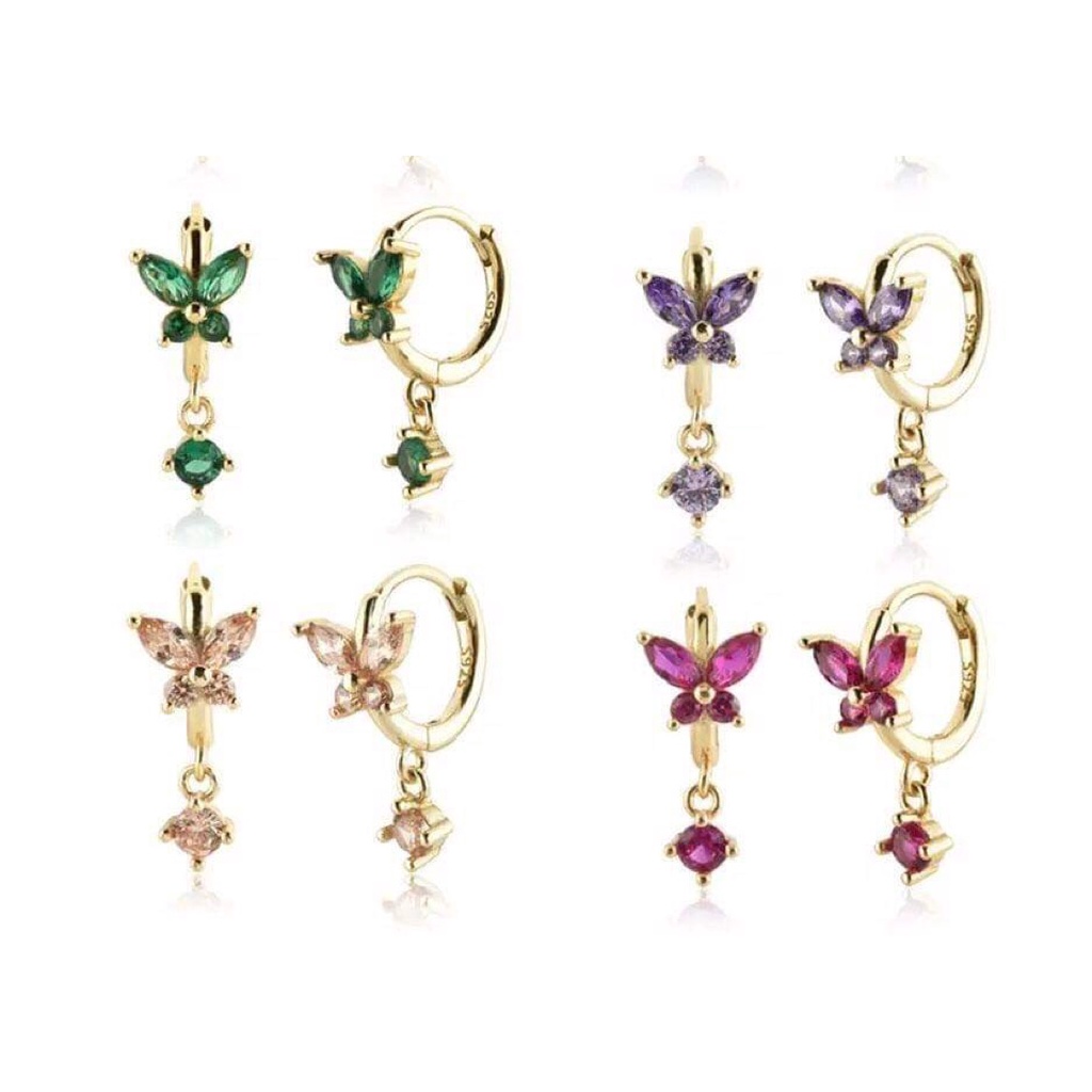 KHUYÊN TAI CECY BẠC Ý 925 MẠ VÀNG BUTTERFLY K2074, 4 màu đá xanh, tím, đỏ, trắng