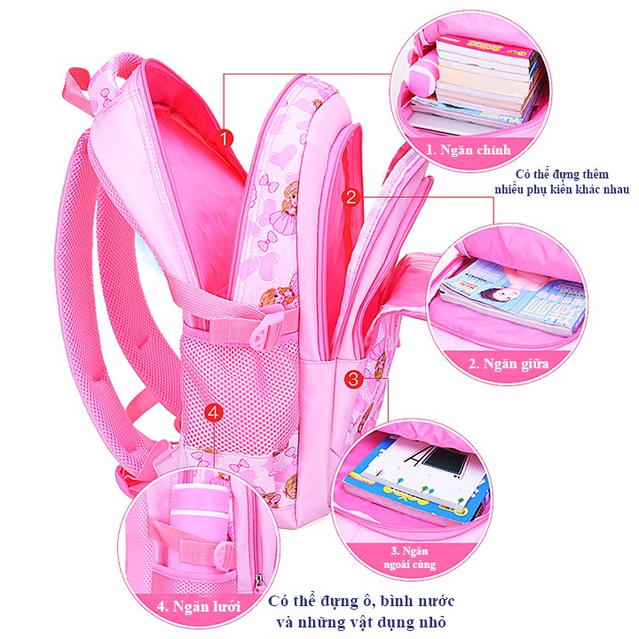 Balo đi học cho bé gái, balo học sinh hình công chúa xinh xắn phù hợp cho bé gái 6-10 tuổi BBShine – B009