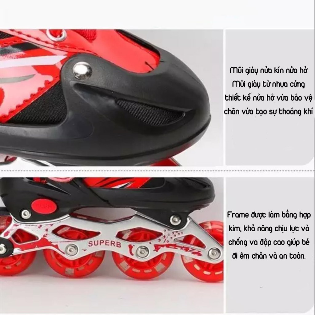 Giày Patin Thể Thao Giày Trượt Patin Trẻ Em 4 Bánh Dọc Kèm Đồ Bảo Hộ Chân Tay Mũ Bảo Hiểm BH365