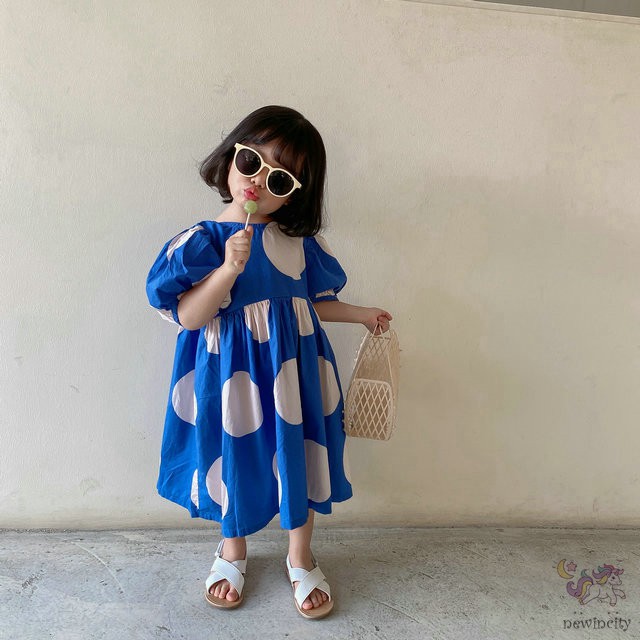 Đầm Công Chúa Cổ Tròn Họa Tiết Chấm Bi Phong Cách Hàn Quốc Đáng Yêu Cho Bé Gái