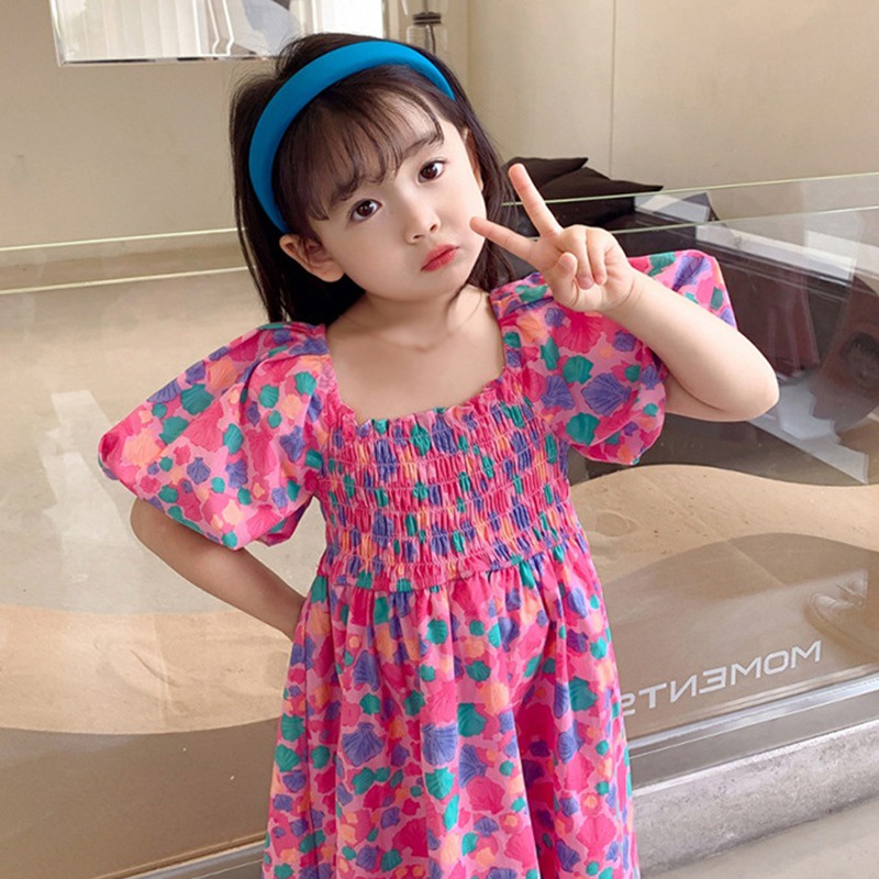 Đầm Công Chúa Cổ Vuông Tay Phồng Xếp Ly In Họa Tiết Hoa Thời Trang Mùa Hè Hàn Quốc Cho Bé Gái