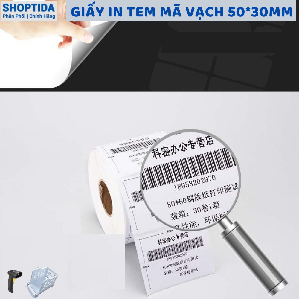 Tem in nhiệt Shoptida 50*30mm  loại 1400 tem in minicode, thông tin sản phẩm, sử dụng cho máy in nhiệt Shoptida SP46