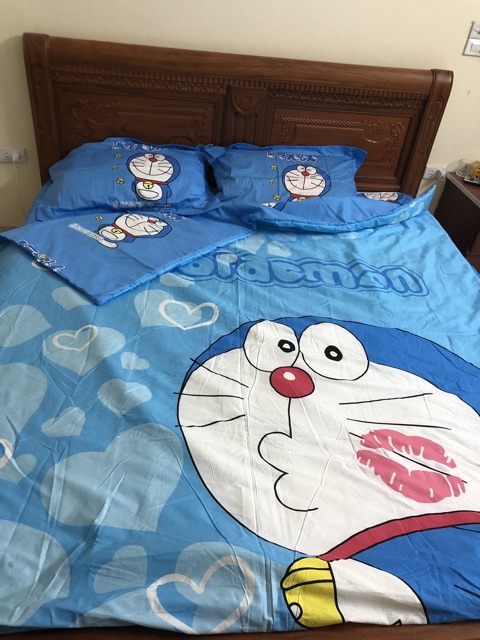 Bộ chăn ga cotton 3D Doraemon xanh siêu xinh(kèm ảnh thật)