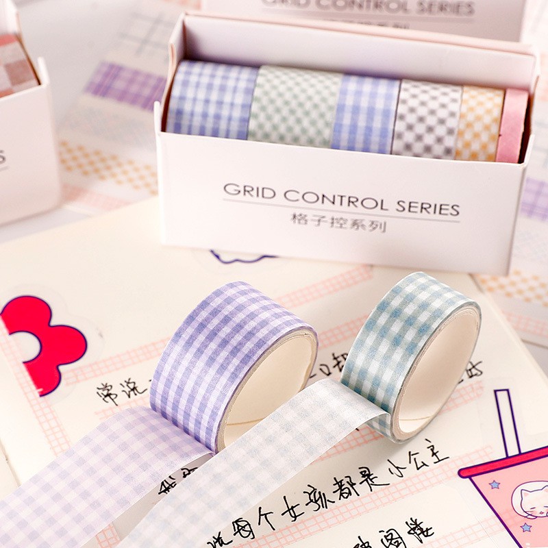 Hộp washi tape 6 cuộn vintage họa tiết kẻ caro cute xinh yêu dán sổ tay Lalunavn - A06