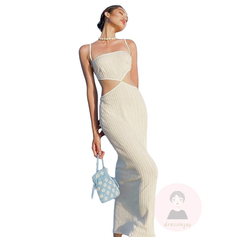 Đầm Hai Dây Dáng Dài Ôm Dáng Màu Trơn Lưng Cao Thời Trang Mùa Hè Cho Nữ