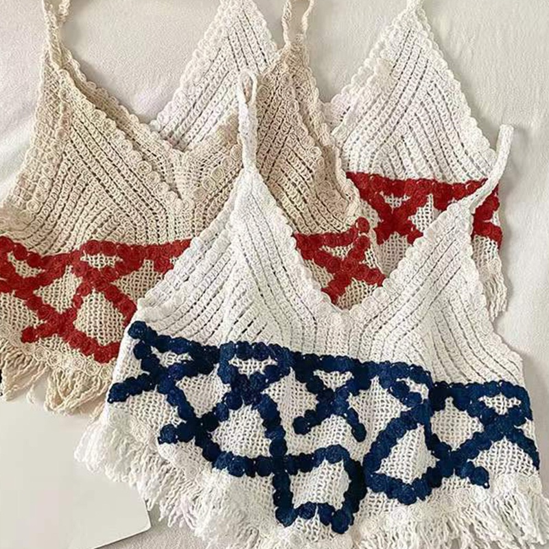 Áo Croptop Dệt Kim Sát Nách Cổ Chữ V Khoét Sâu Viền Tua Rua Họa Tiết Hình Học Phong Cách Boho Cho Nữ