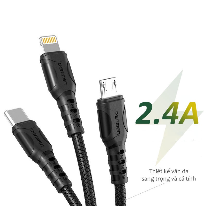 Dây Sạc 3 Đầu Thiết Kế Vân Da Sang Trọng (MicroUSB + Lightning + Type C) Cáp Sạc 3 Trong 1 Sạc Đa Năng Nhiều Thiết Bị