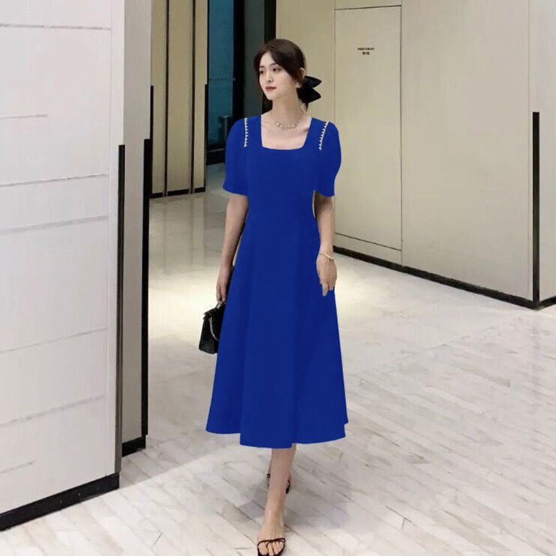 Đầm chữ A RENJIANVSHENG 153011 tay ngắn kiểu Hepburn dài qua gối cổ vuông cỡ lớn thiết kế thanh lịch thời trang cho nữ