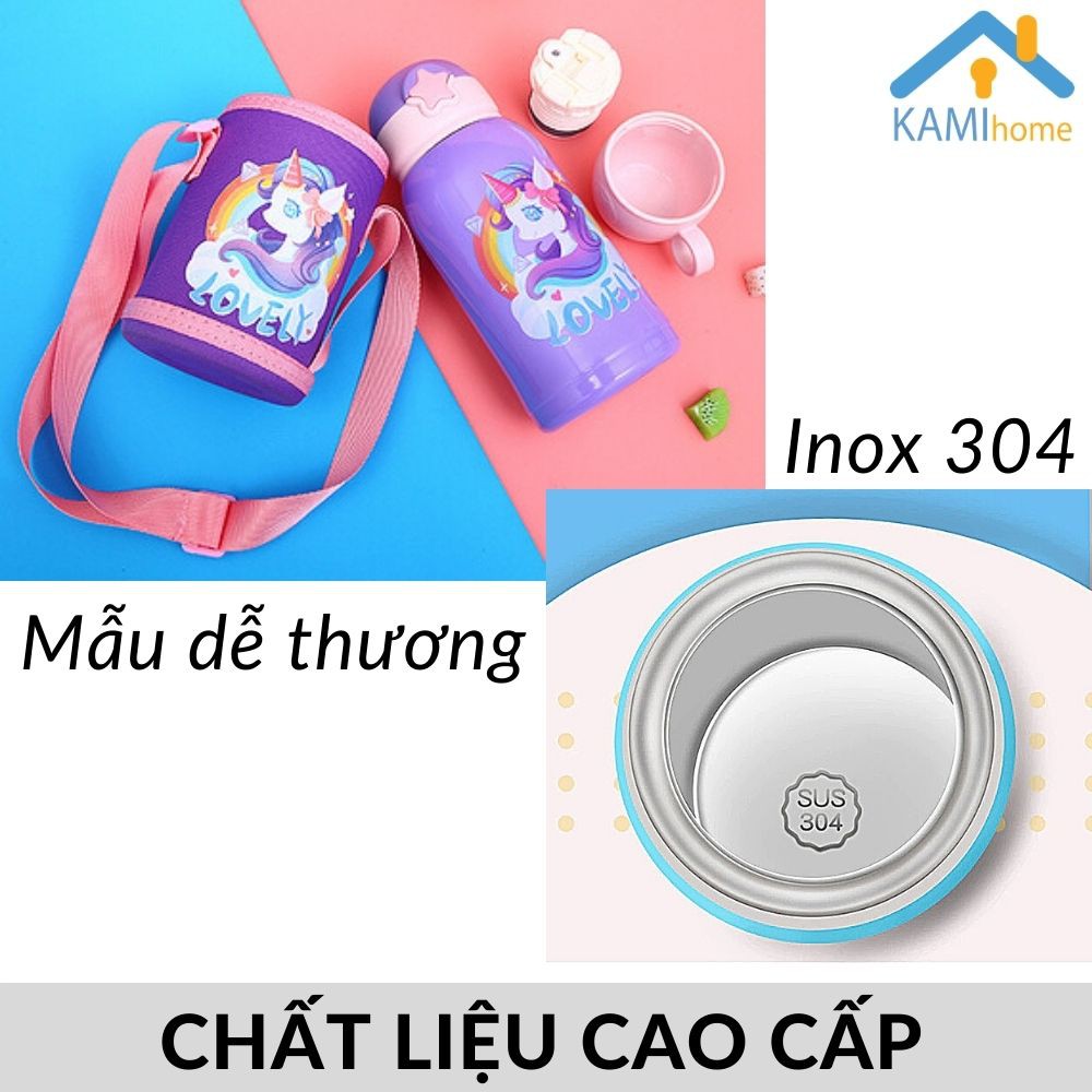 Bình nước giữ nhiệt cho bé có ống hút và túi xách tiện lợi nhiều họa tiết dễ thương mã 22033