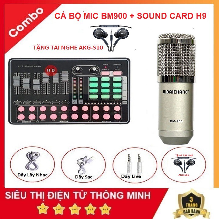 Bộ Hát Karaoke Livestream, 2 Người Hát Song Ca - Combo Micro Thu Âm BM 900 Sound Card H9 - Tặng Tai Nghe AKG -S10