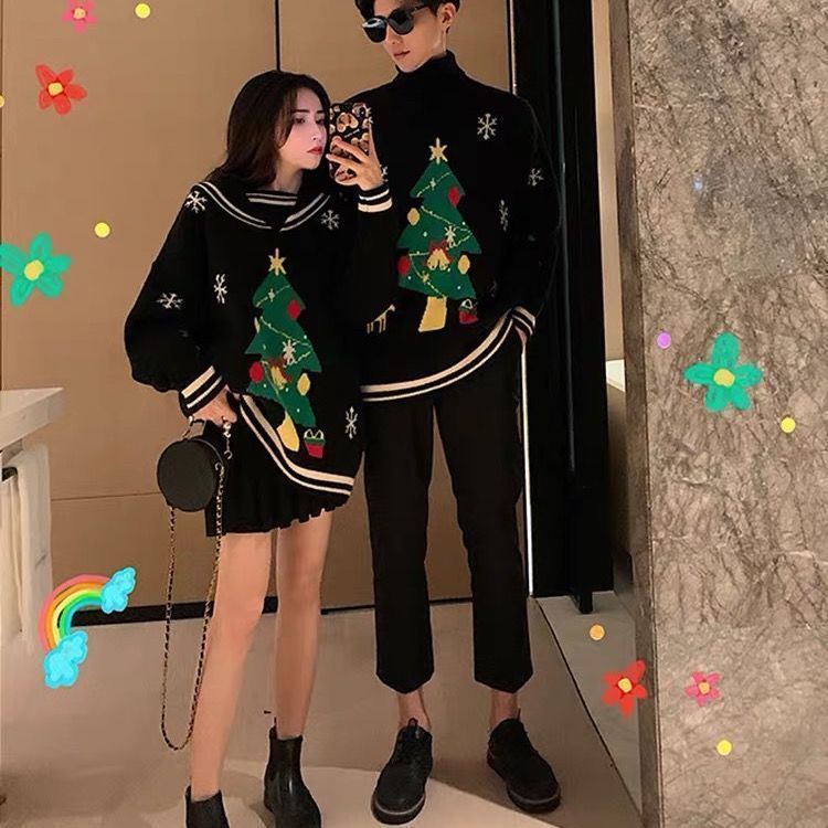 Áo Sweater Dệt Kim In Họa Tiết Hoạt Hình Thời Trang Giáng Sinh Cho Cặp Đô