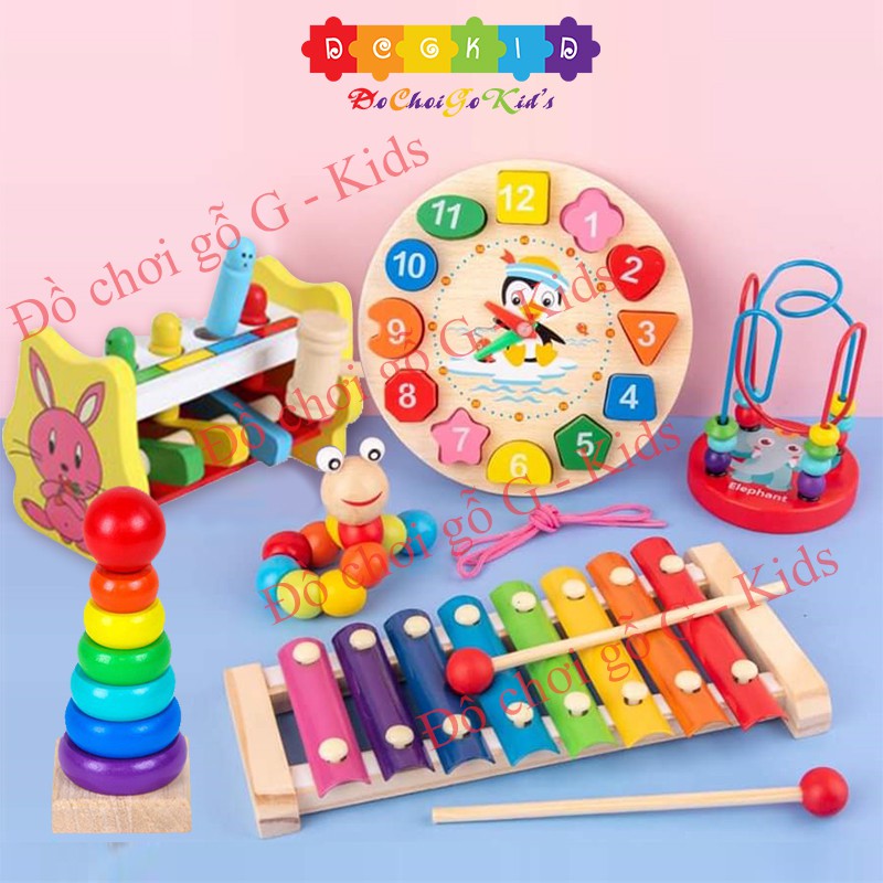 Combo 6 món đồ chơi cho bé phát triển trí tuệ, Đàn Gỗ, Sâu Gỗ, Luồn Hạt, Đồng Hồ Sâu Hạt, Tháp Gỗ, Đập chuột cho bé
