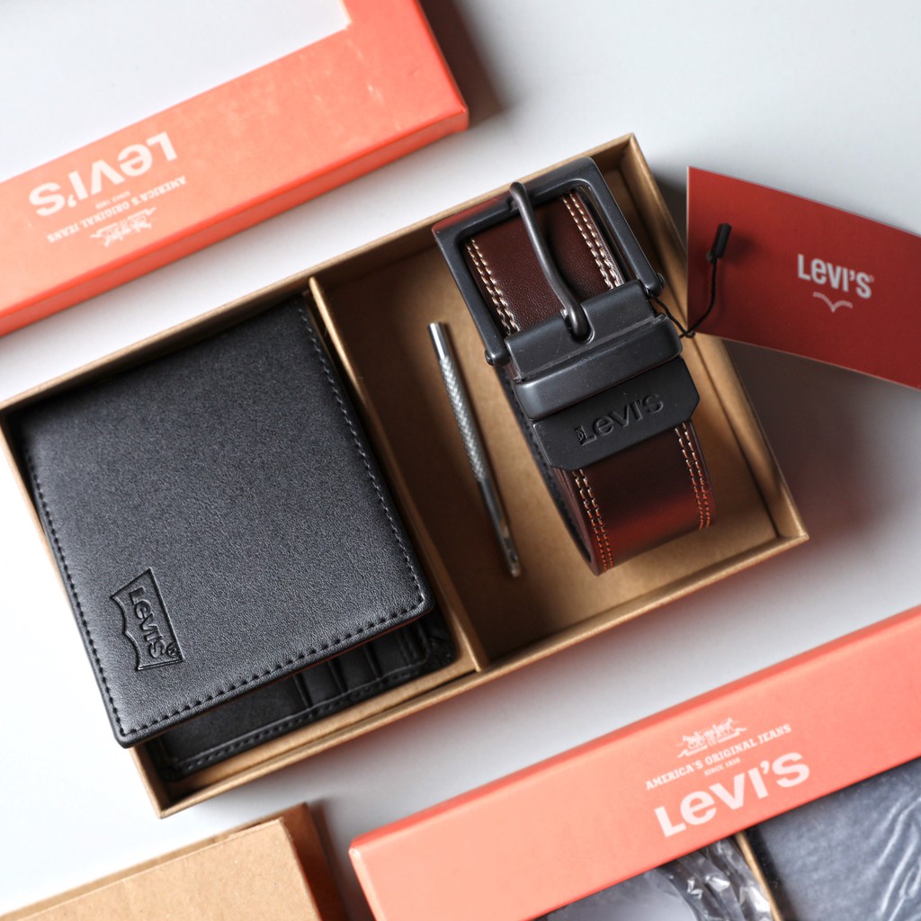 Set Thắt Lưng  + Ví Levis 2 mặt dây đen nâu - Cam Kết Chuẩn Auth FullBox - Không bong tróc