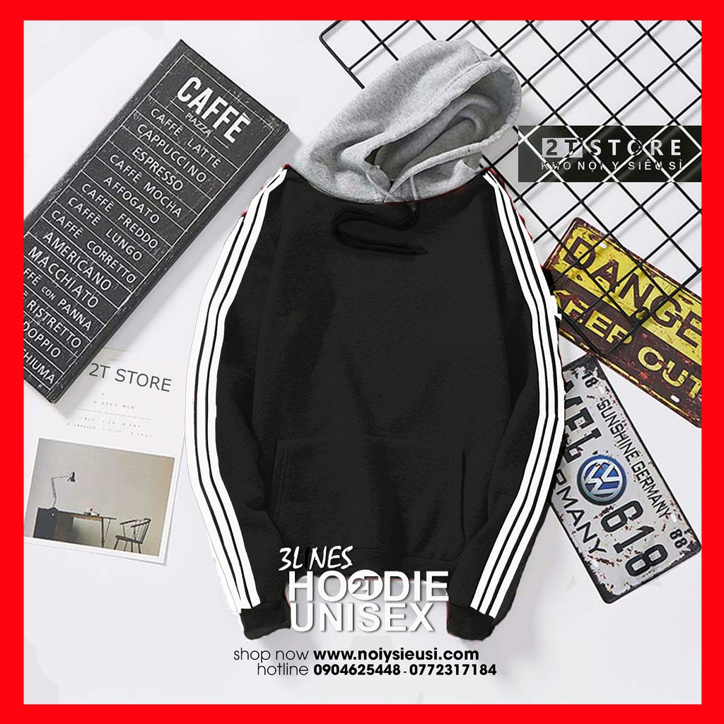 Áo Hoodie 3Lines nón xám unisex 2T Store H3L03 màu đen - Áo khoác nỉ chui đầu 3 sọc nón may 2 lớp dày dặn chất lượng | BigBuy360 - bigbuy360.vn