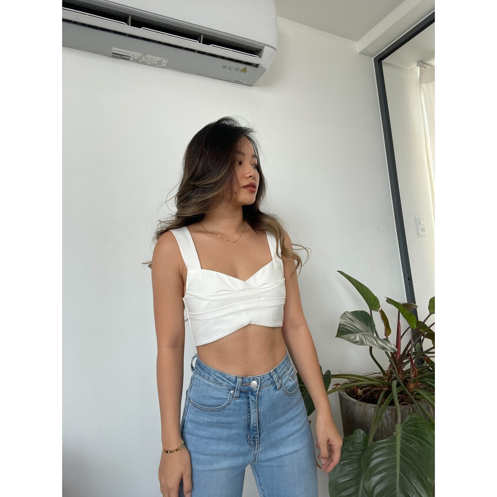 ELE Studios- Áo croptop nữ thiết kế trắng xếp li thắt nơ sexy cá tính Poshtop ELE đi chơi, đi biển
