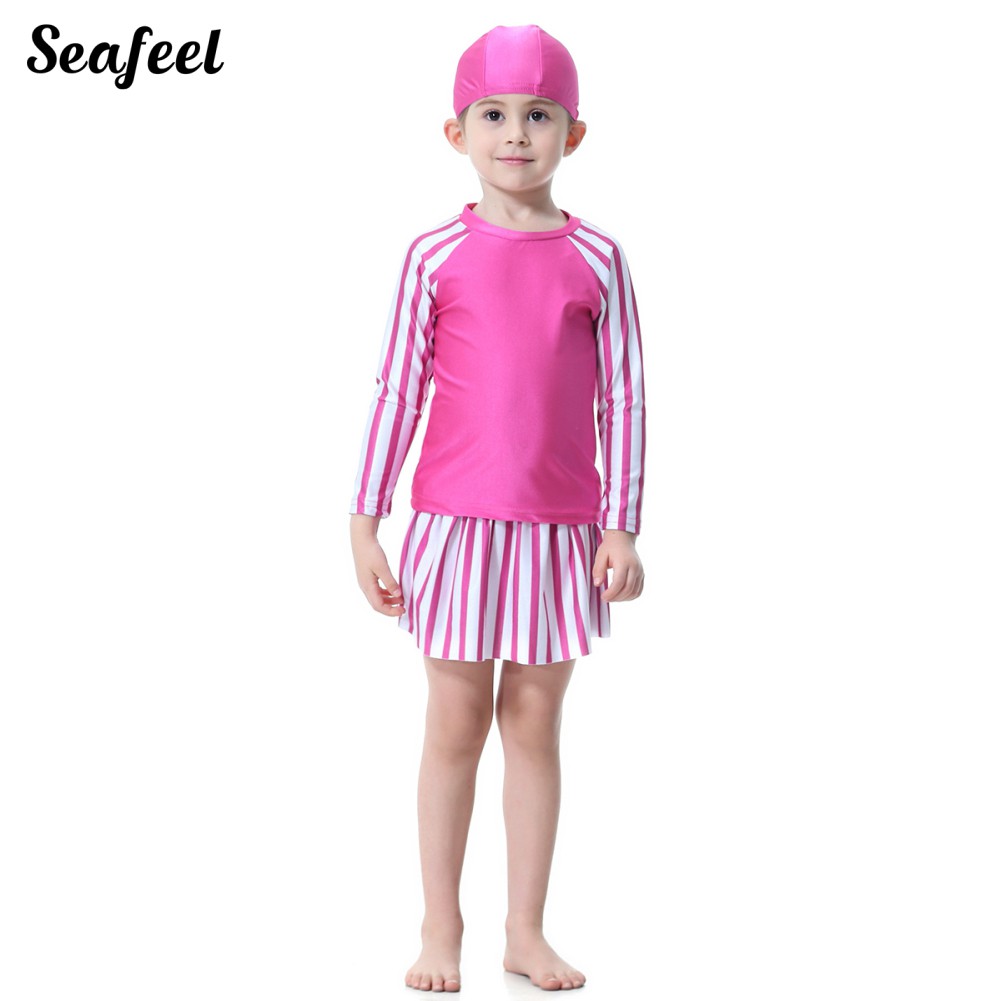 Set Đồ Bơi Áo Tay Dài + Chân Váy + Nón Đáng Yêu Cho Bé Gái