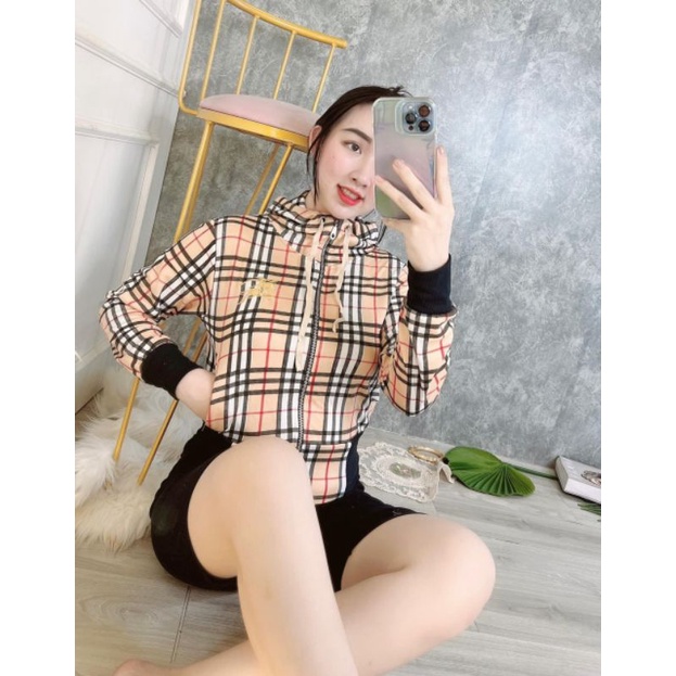 Áo khoác thun sọc caro BBR tay dài có nón siêu xinh rẻ đẹp