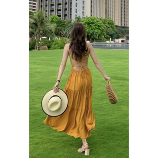 Maxi freesize đi biển vàng đan dây sau