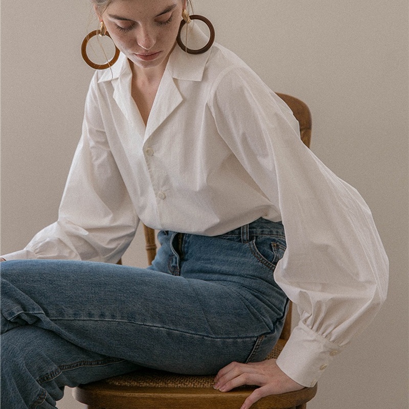 SUXI Áo Sơ Mi Tay Dài Phồng Màu Sắc Trơn Cổ Điển Thời Trang Cho Nữ