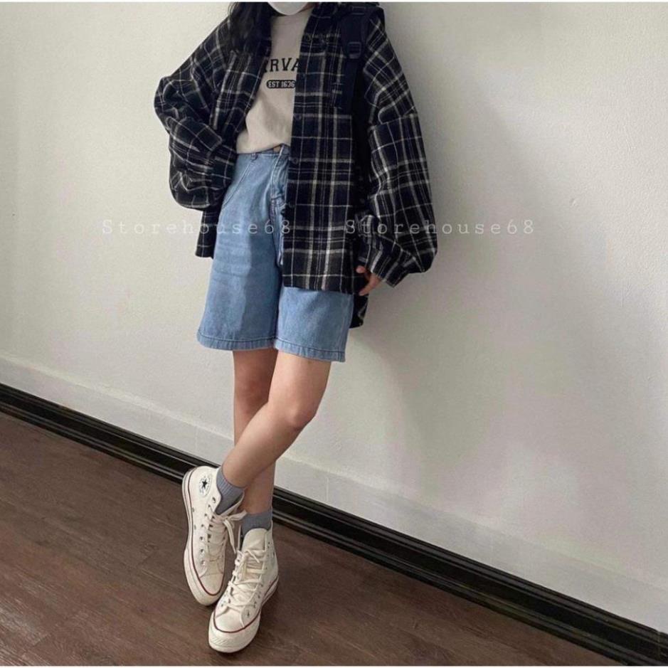 Quần bò nữ, quần bò short ngố trơn ulzzang basic trơn màu xanh dáng suông ống rộng cạp cao !
