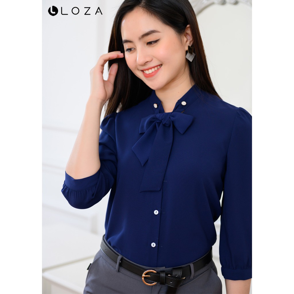 [Mã FASHIONMALLT4 giảm 15% đơn 150k] Áo sơ mi nữ phối cổ nơ tay lửng-LOZA LS01106