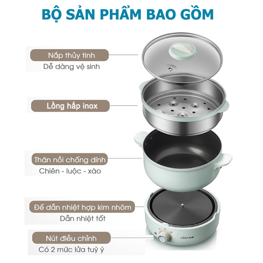 Nồi Lẩu Điện Đa Năng Bear DHG-B25Z1, 2.5L kèm lồng hấp (Hàng chính hãng 1 đổi 1 trong 30 ngày, bảo hành 18 tháng)