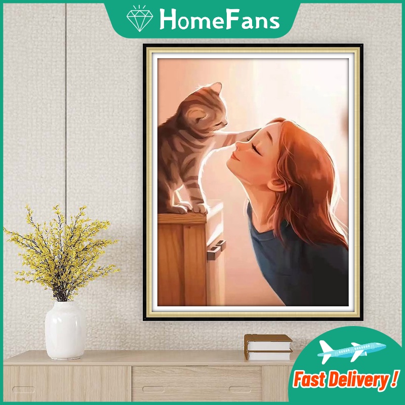 Bộ Tranh Đính Đá 5D DIY Hình Cô Gái Và Mèo Con Hoạt Hình Dễ Thương Kích Thước 30x40cm / 40x50cm Dùng Để Trang Trí Nhà Cửa