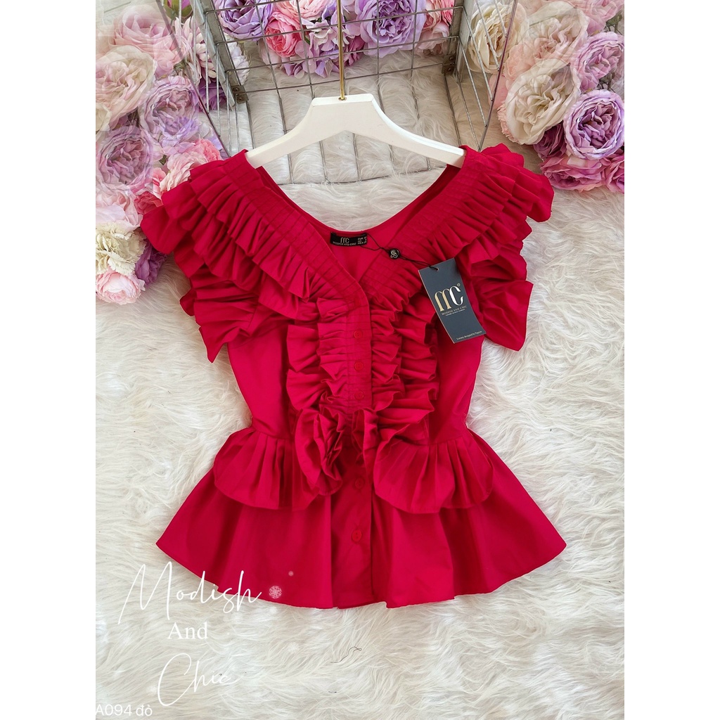 Áo sơ mi kiểu nữ đỏ cổ V bèo ngực A094 - Mimo Shop Thời trang thiết kế