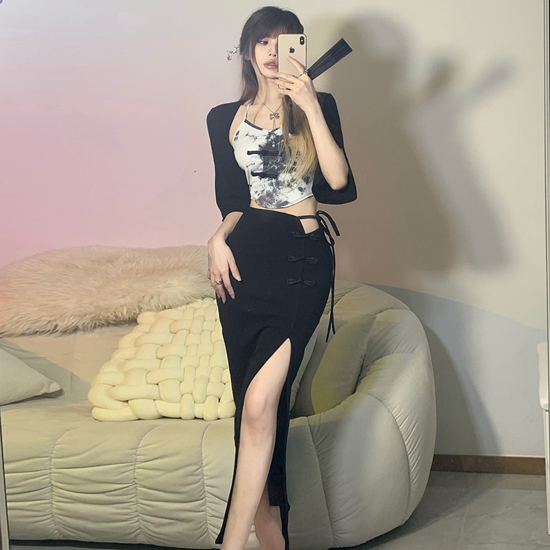 Kliou Chân Váy Midi Lưng Cao Ôm Dáng Thiết Kế Xẻ Tà Phong Cách Trung Hoa Cổ Điển Thời Trang Mùa Hè Cho Nữ