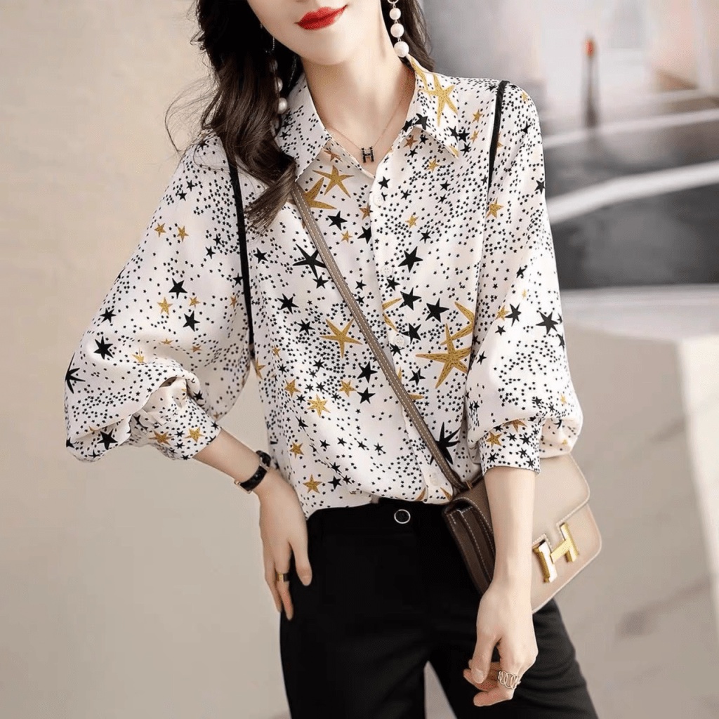 Áo Sơ Mi Nữ  Họa Tiết Ngôi Sao Xinh Lung Linh Chất Liệu Cao Cấp Sành Điệu THời TRAng