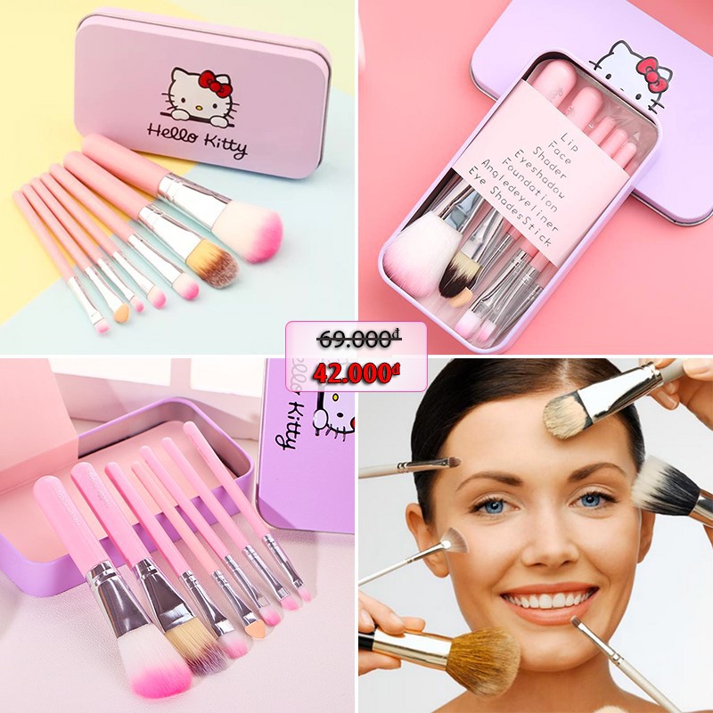 Bộ Cọ 7 món Makeup Hello Kitty Hộp sắt Mini Siêu Tiện Lợi