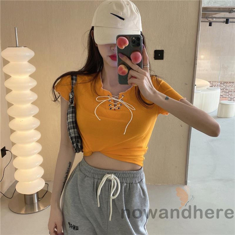 Áo Thun Tay Ngắn Cổ Đan Dây Chéo Màu Sắc Trơn Thời Trang Cho Nữ | BigBuy360 - bigbuy360.vn