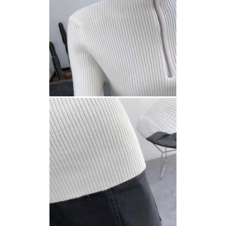 Áo Sweater dệt kim màu trơn phối khóa kéo phong cách Hàn Quốc cho nữ