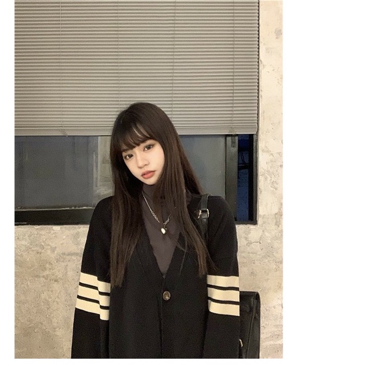 Cardigan đen nữ kẻ sọc be khuy cài form rộng phong cách nhật bản retro
