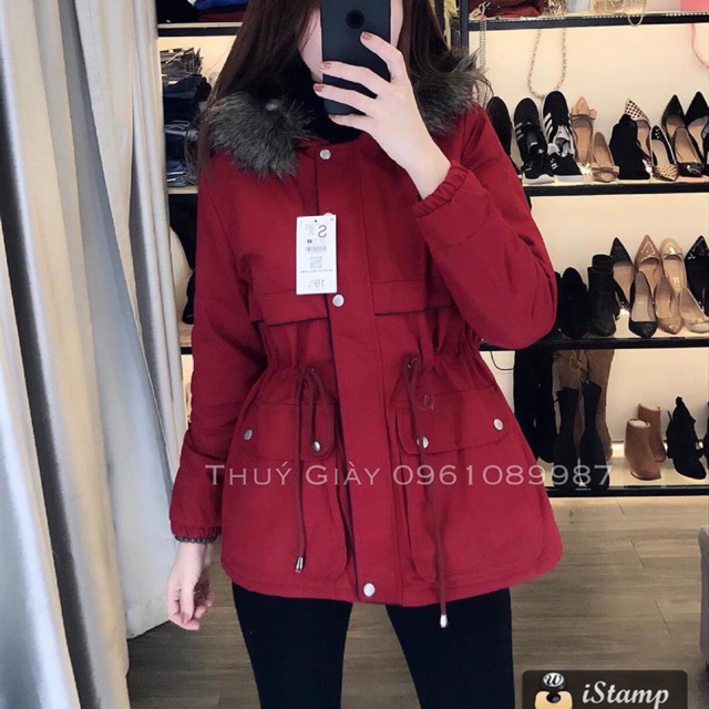 Áo kakai mũ lông rút eo