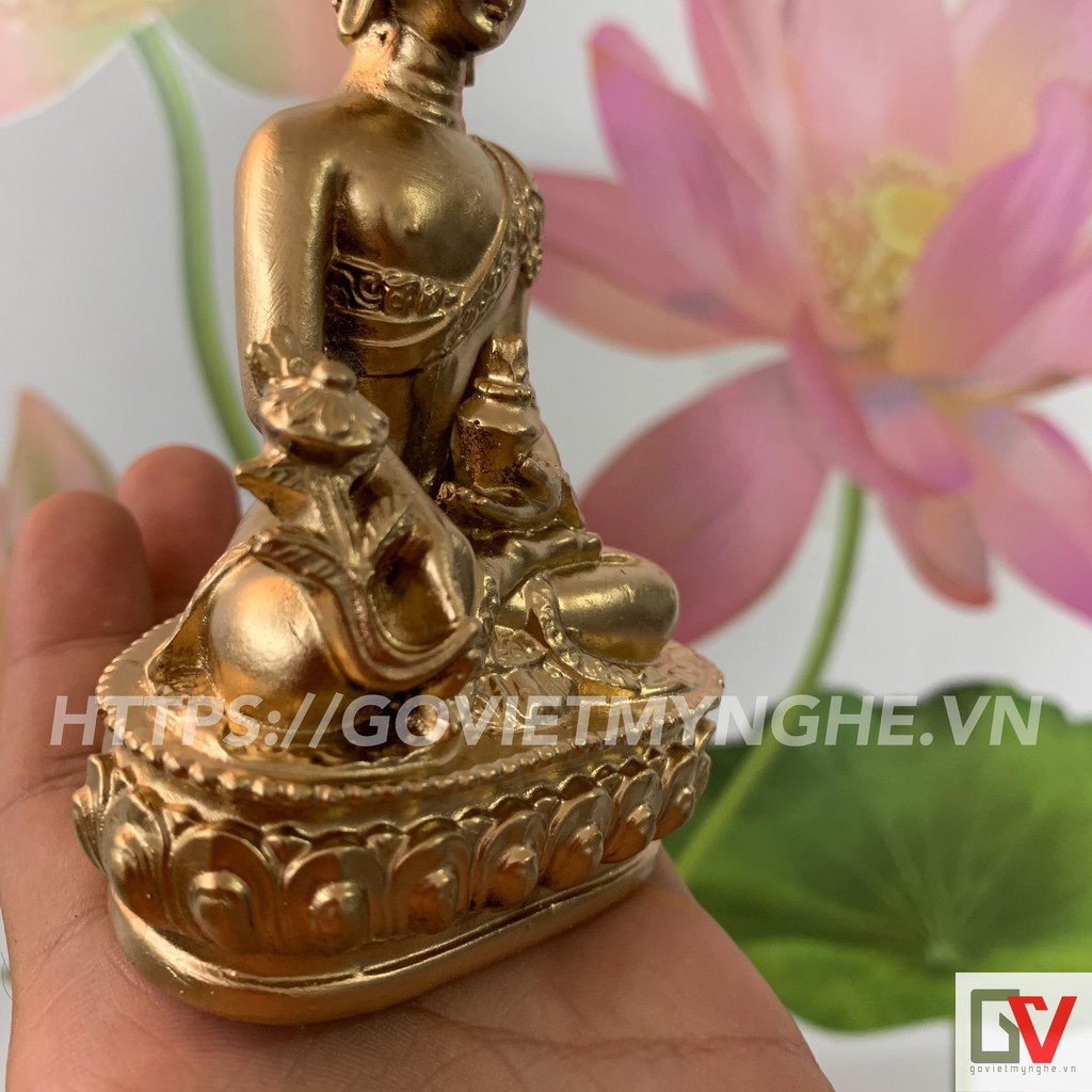 [Tượng phật Dược Sư] Tượng đá Phật Dược Sư Lưu Ly Quang ngồi tòa sen - Cao 12cm - Màu nhũ đồng