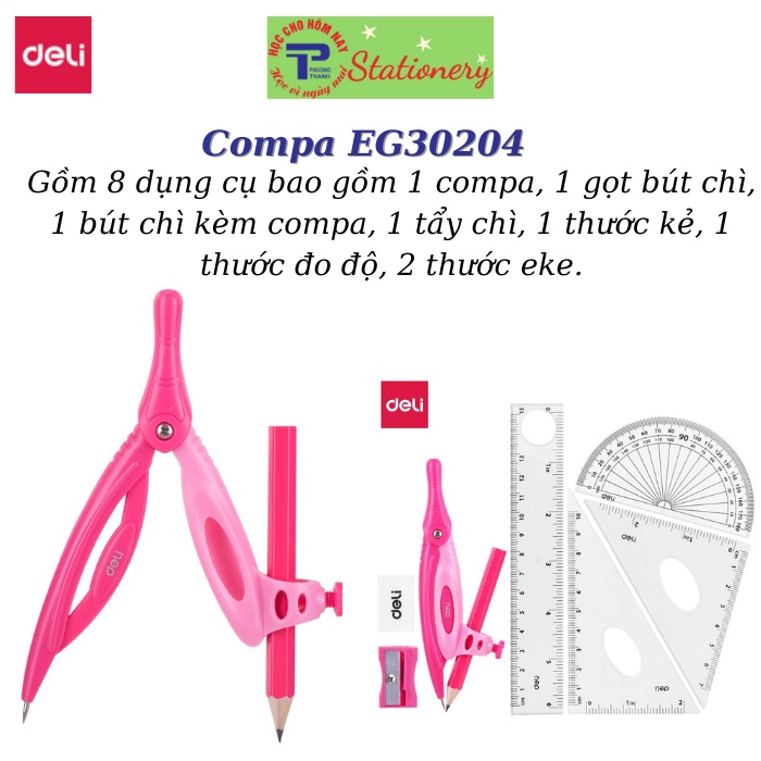 Bộ compa eke học sinh Deli, hồng/xanh dương, gồm 8 dụng cụ/1 bộ - EG30204