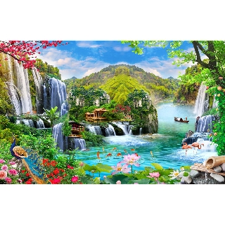 Tranh dán tường 3D cho người mệnh mộc - vải lụa (kích thước theo yêu cầu)